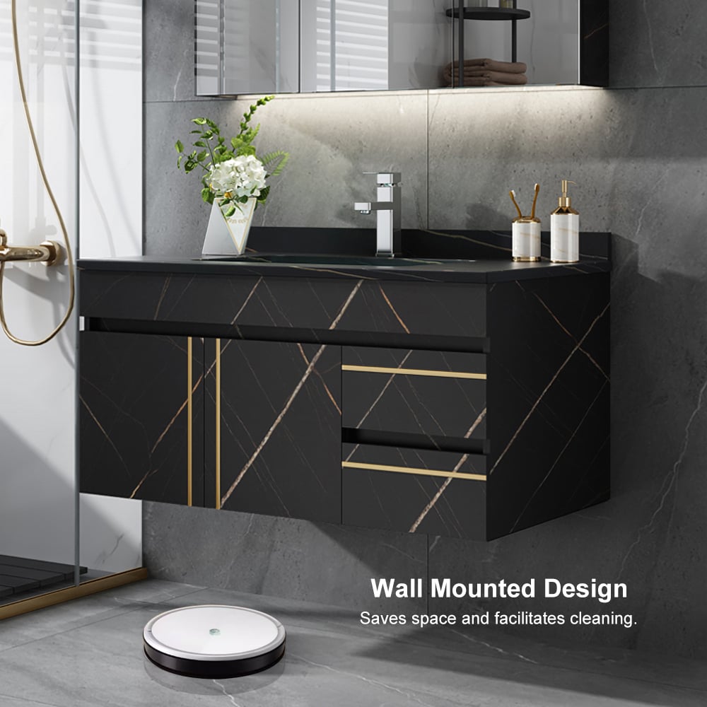 Wall-mounted black vanity with geometric design in a modern bathroom setting.