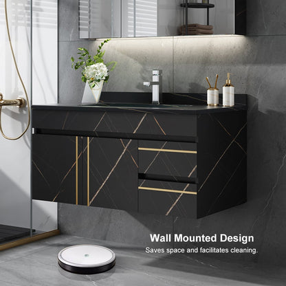 Wall-mounted black vanity with geometric design in a modern bathroom setting.
