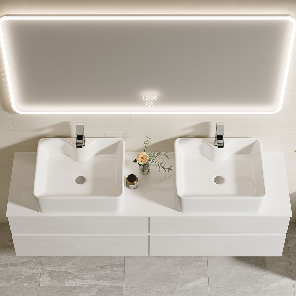 60" Floating Bathroom Vanity Set with Faux Marble Top & Ceramic Vessel Sink