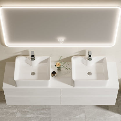 60" Floating Bathroom Vanity Set with Faux Marble Top & Ceramic Vessel Sink