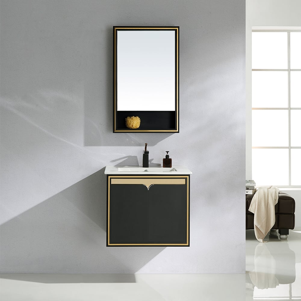 Bathroom setup with a black and gold vanity unit, mirror, and sink.