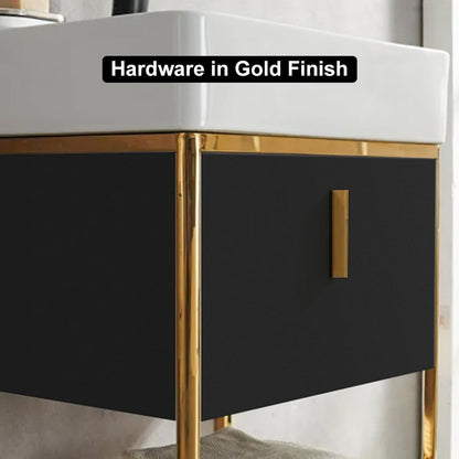 Black cabinet with gold hardware on a neutral background