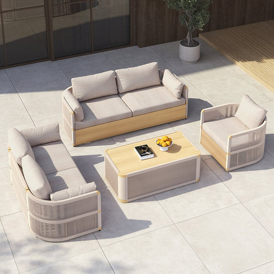 Outdoor patio furniture set with beige cushions on a tiled patio.