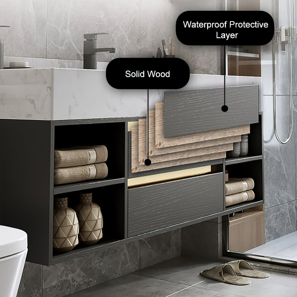 Bathroom setup with a vanity, shelves, and towels, featuring waterproof protective layer and solid wood elements.