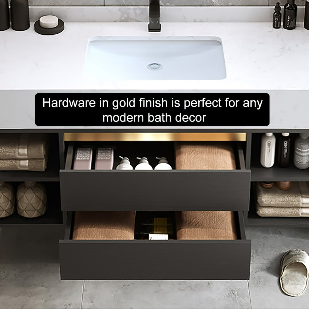 Bathroom vanity with open drawer displaying gold hardware, text overlay about gold finish hardware.