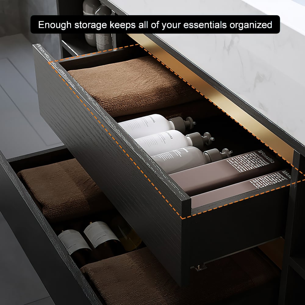 Open drawer with towels and toiletries, emphasizing storage organization.