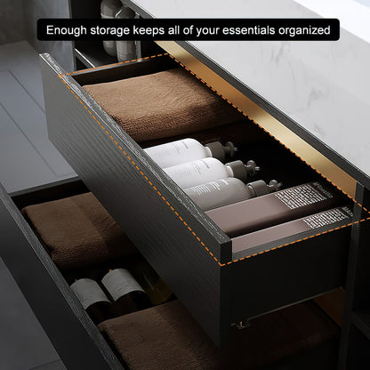 Open drawer with towels and toiletries, emphasizing storage organization.