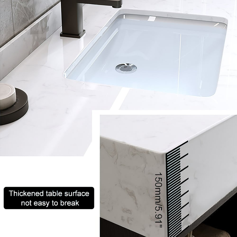 Glass sink on a marble countertop with measurement details.