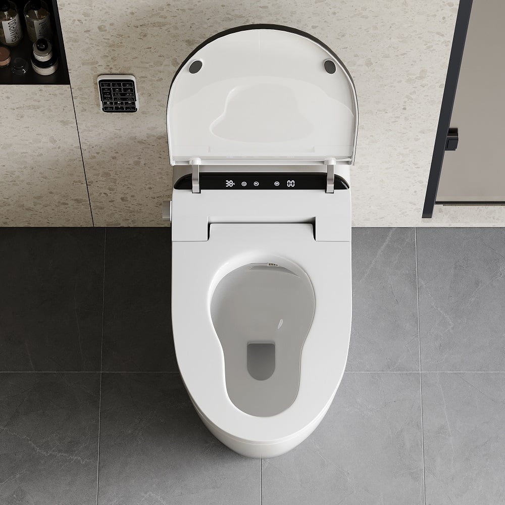 Modern white toilet with open lid in a bathroom setting