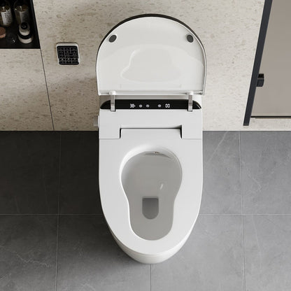 Modern white toilet with open lid in a bathroom setting