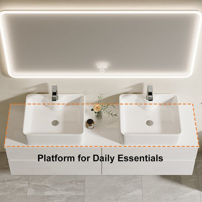 60" Floating Bathroom Vanity Set with Faux Marble Top & Ceramic Vessel Sink
