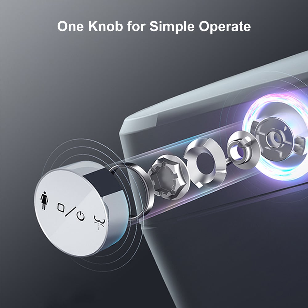 Close-up of a knob mechanism with text 'One Knob for Simple Operation' on a dark background.
