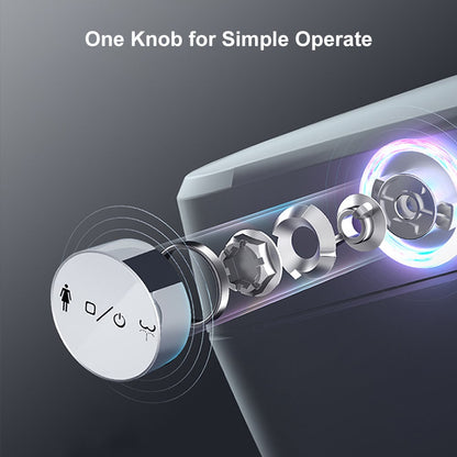 Close-up of a knob mechanism with text 'One Knob for Simple Operation' on a dark background.