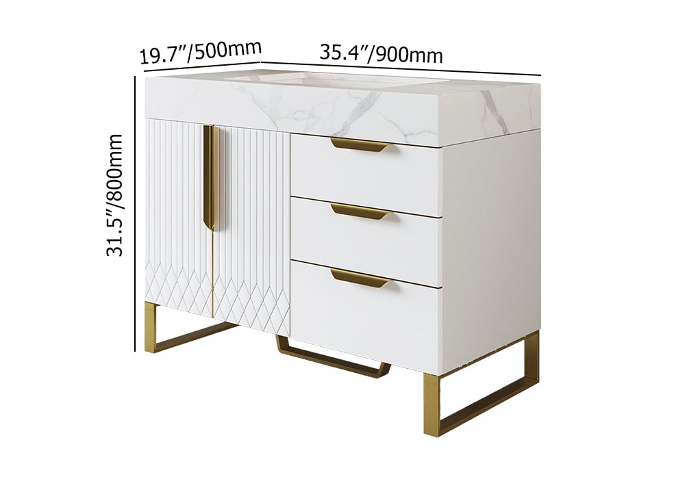 White dresser with gold accents and dimensions displayed