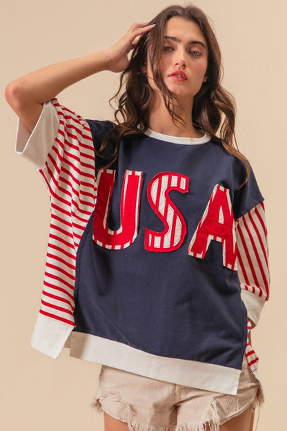 USA Letter Patchwork Contrast Sleeve T-Shirt