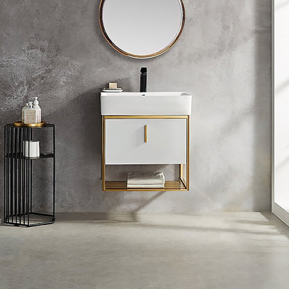 Bathroom vanity with white sink and gold frame against a gray wall.