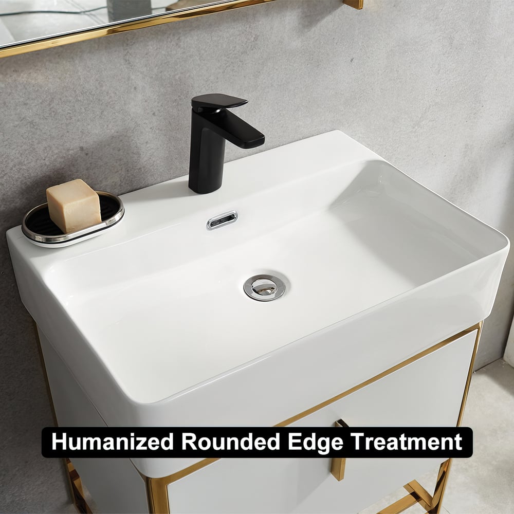 White sink with black faucet and soap bar on a gray wall background