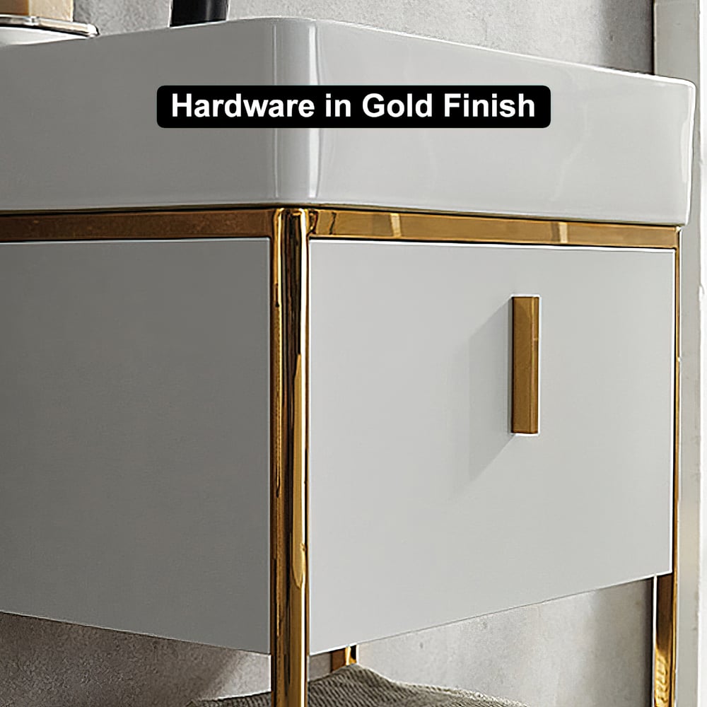 Bathroom vanity with white countertop and gold hardware, text 'Hardware in Gold Finish' displayed.