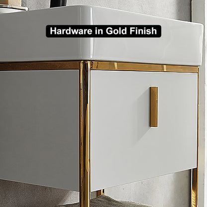 Bathroom vanity with white countertop and gold hardware, text 'Hardware in Gold Finish' displayed.