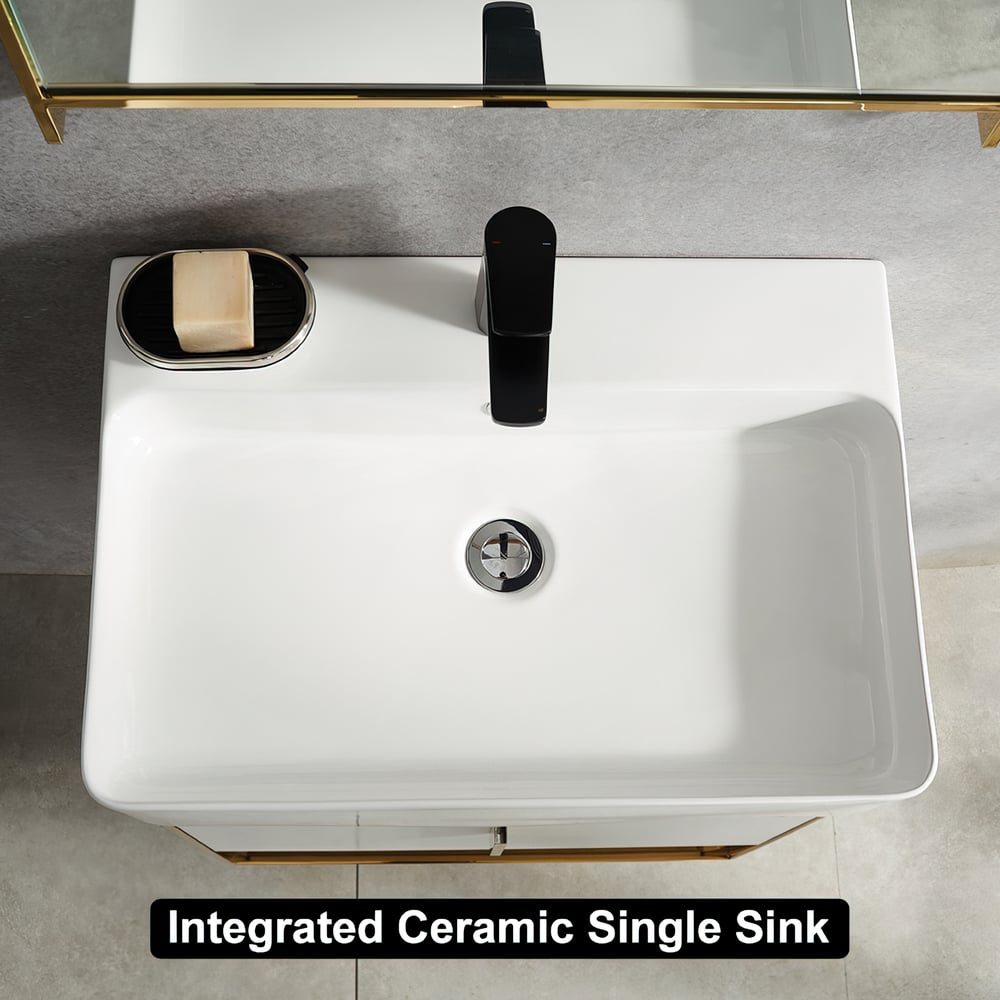 White ceramic single sink with black faucet in a bathroom setting