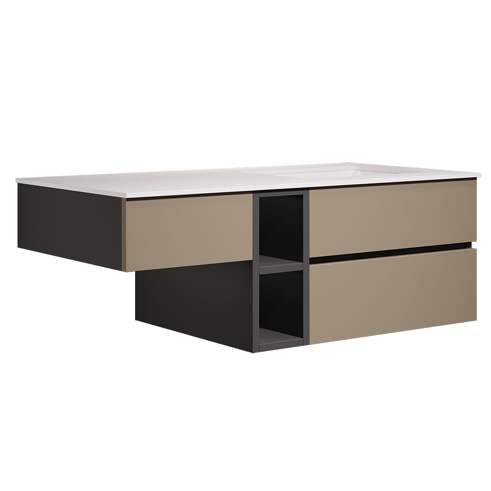 Modern coffee table with a white top and black and beige sides on a white background