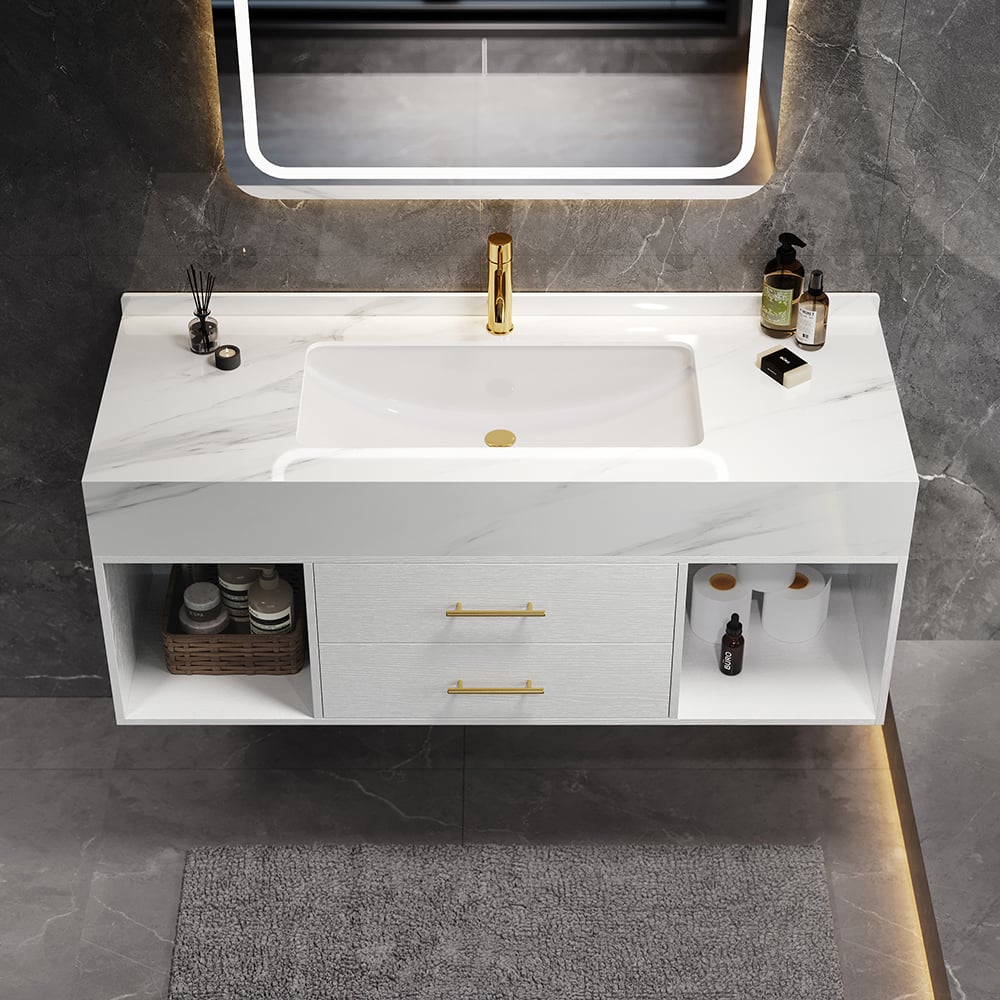 Bathroom Vanity Set 35.4" Modern Floating Sintered Stone Bathroom Vanity White with Sink