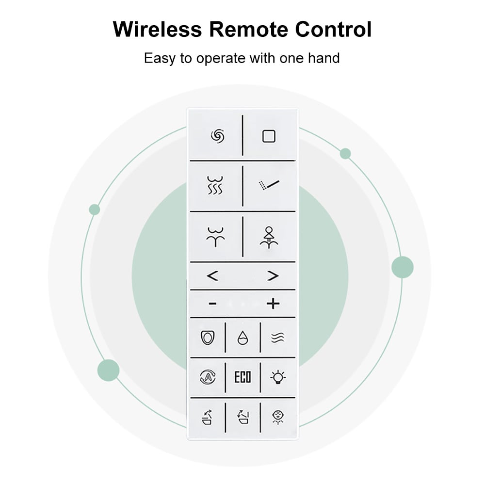 Wireless remote control with icons and text on a white background