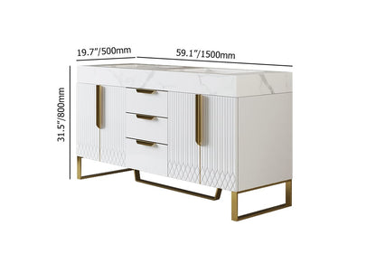 White sideboard with gold accents and dimensions labeled on a white background