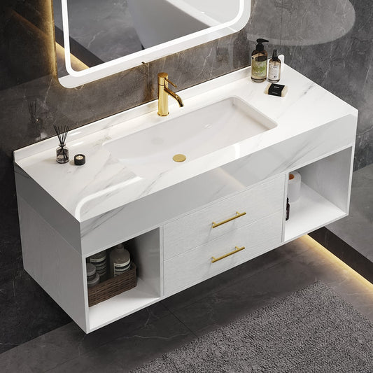 39.4" Floating White Bathroom Vanity with Sintered Stone Vessel Sink