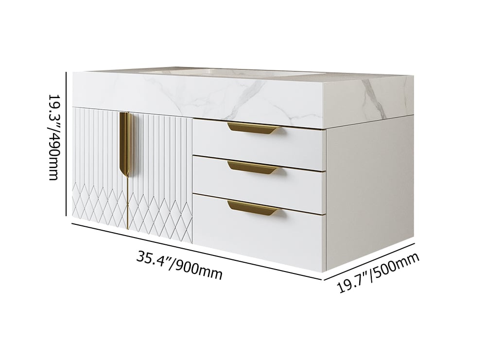 White dresser with gold handles and dimensions on a white background