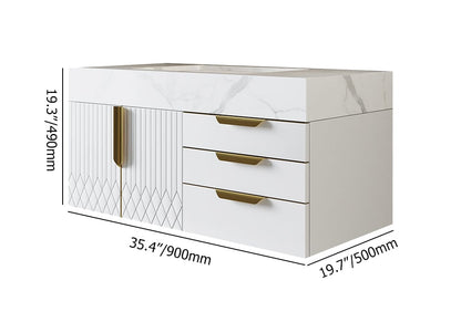 White dresser with gold handles and dimensions on a white background
