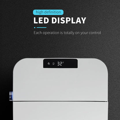 Digital display on a white appliance against a dark background with text about LED display.