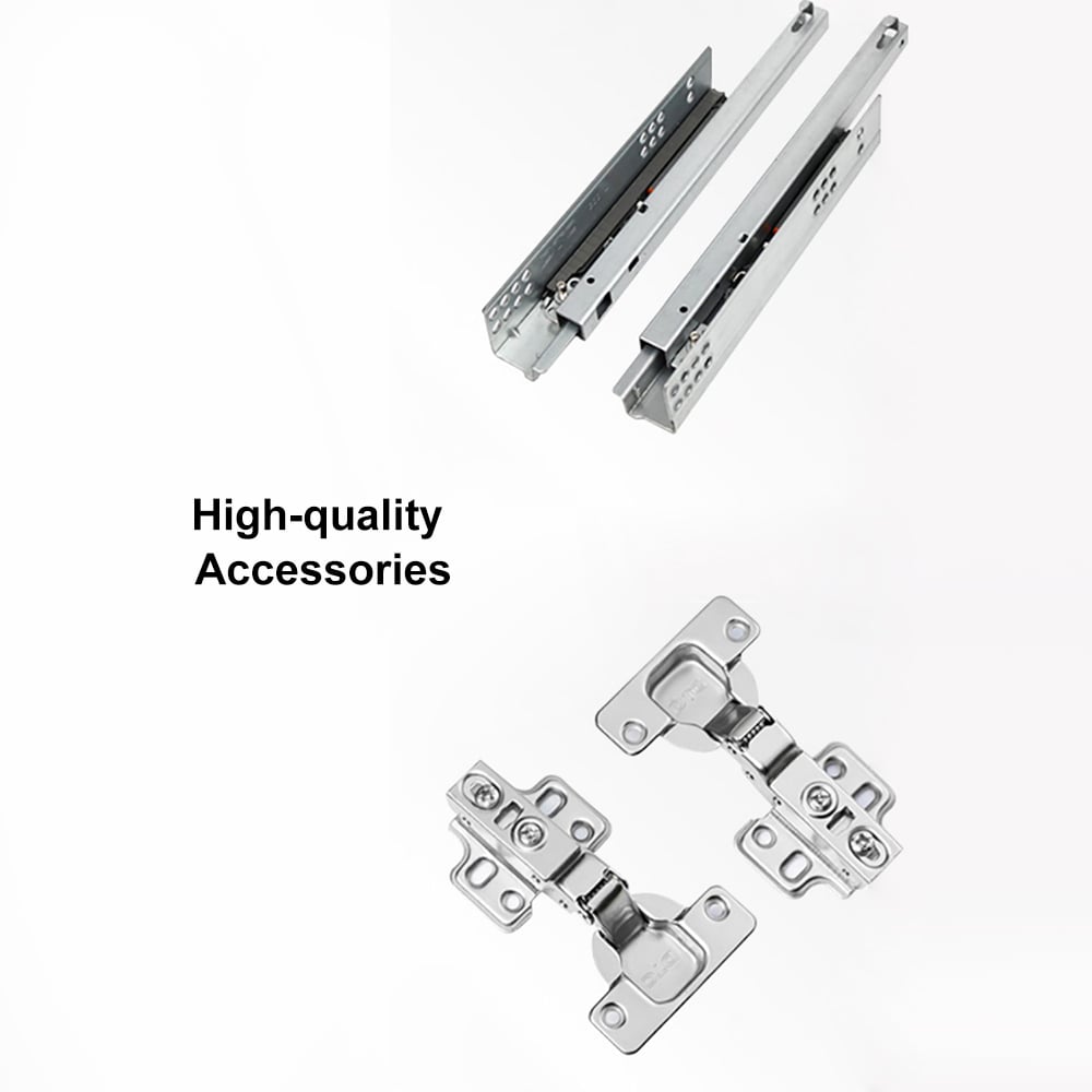 Metal cabinet hinges and slides on a white background with 'High-quality Accessories' text.