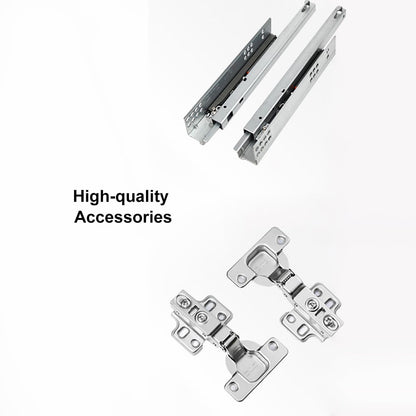 Metal cabinet hinges and slides on a white background with 'High-quality Accessories' text.