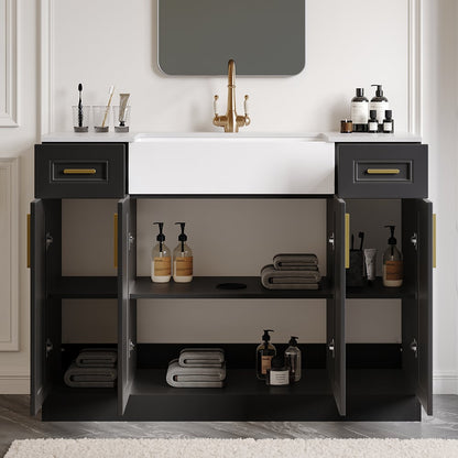 Bathroom vanity with open cabinet doors displaying toiletries and towels.