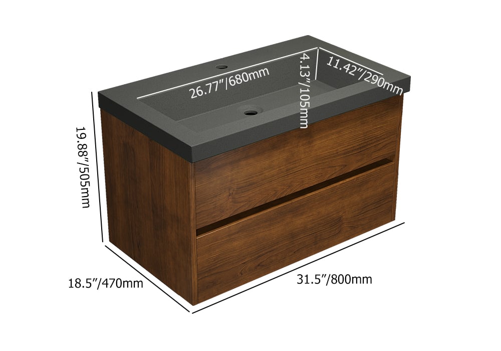 Bathroom vanity with dimensions labeled on a white background