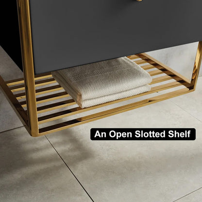 Open slotted shelf with gold frame and folded towel on a tiled floor