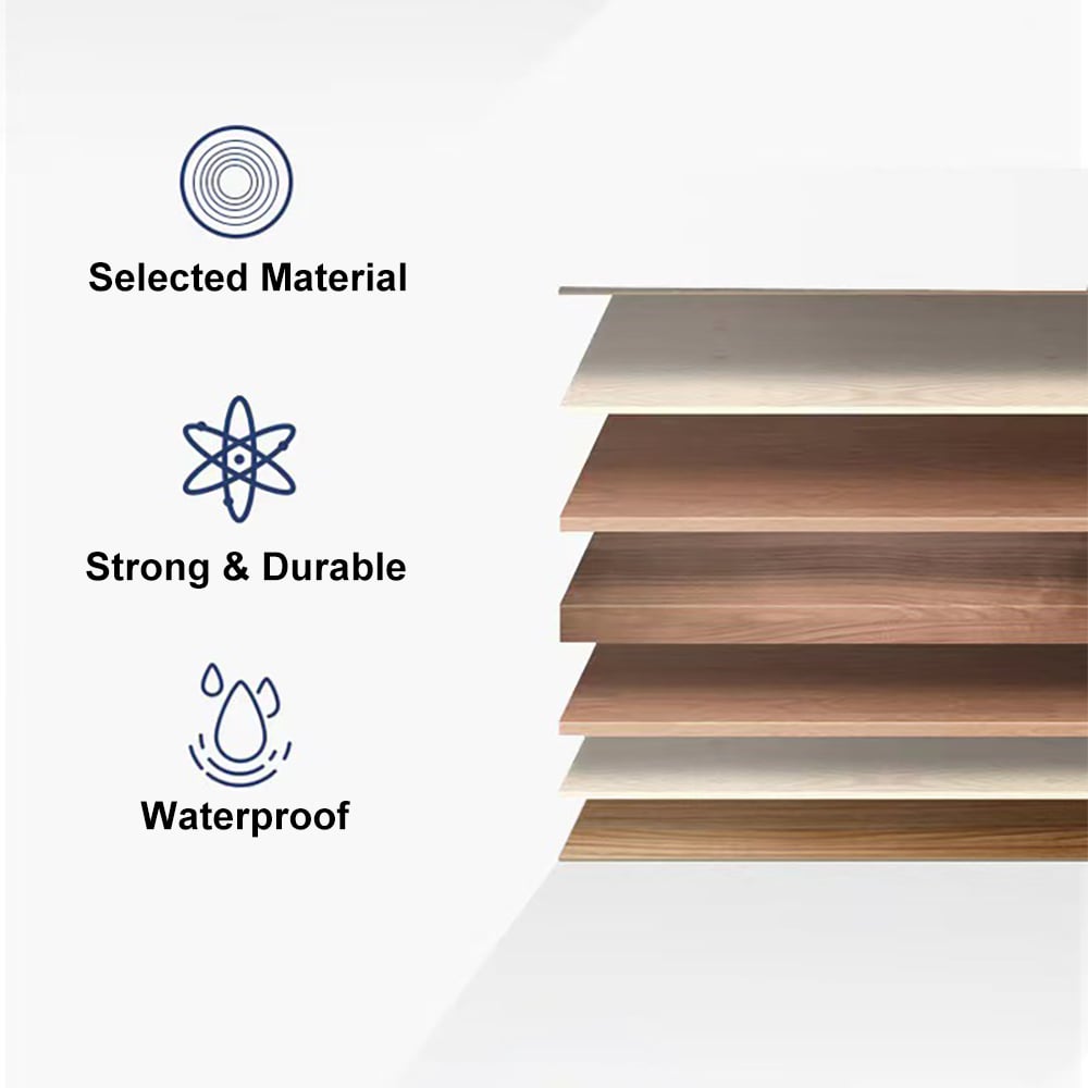 Wooden planks with icons and text indicating selected material, strength, durability, and water resistance.