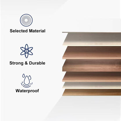 Wooden planks with icons and text indicating selected material, strength, durability, and water resistance.