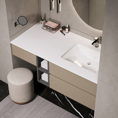 Modern bathroom vanity with sink, mirror, and stool.