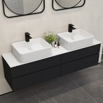 60" Floating Bathroom Vanity Set with Faux Marble Top & Ceramic Vessel Sink