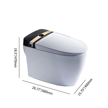 White toilet bowl with black lid and measurements on a white background