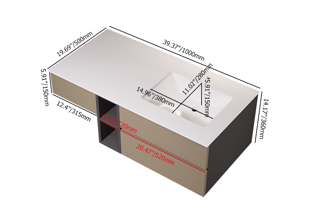 Measurement chart of a rectangular object with dimensions labeled