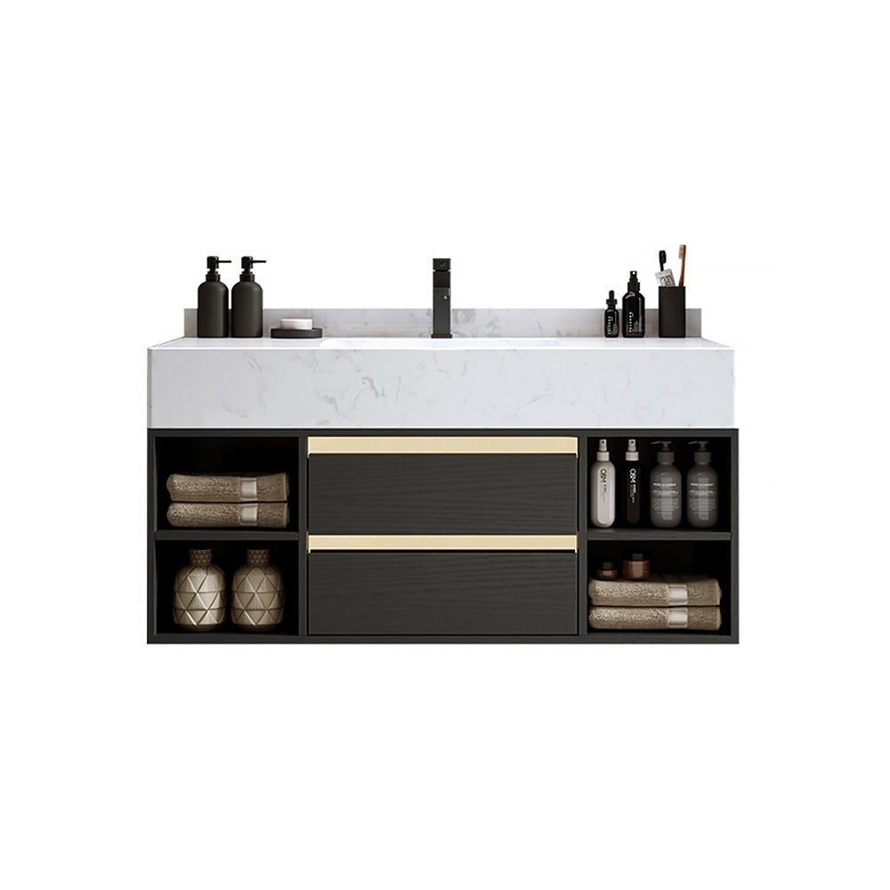 Bathroom vanity with marble countertop and black cabinets on a white background