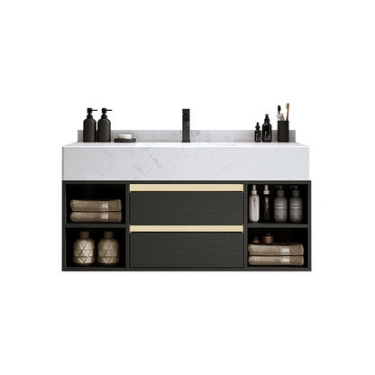 Bathroom vanity with marble countertop and black cabinets on a white background