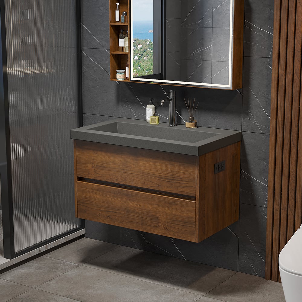 Bathroom with wooden vanity, mirror, and shower area