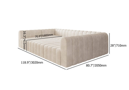 Off white sofa with dimensions labeled on a white background