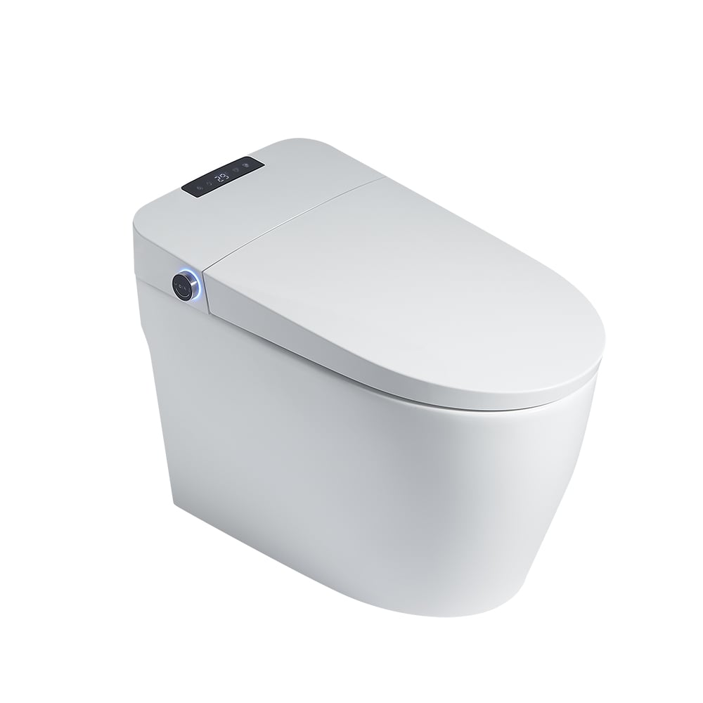 Modern white toilet bowl with lid on a white background