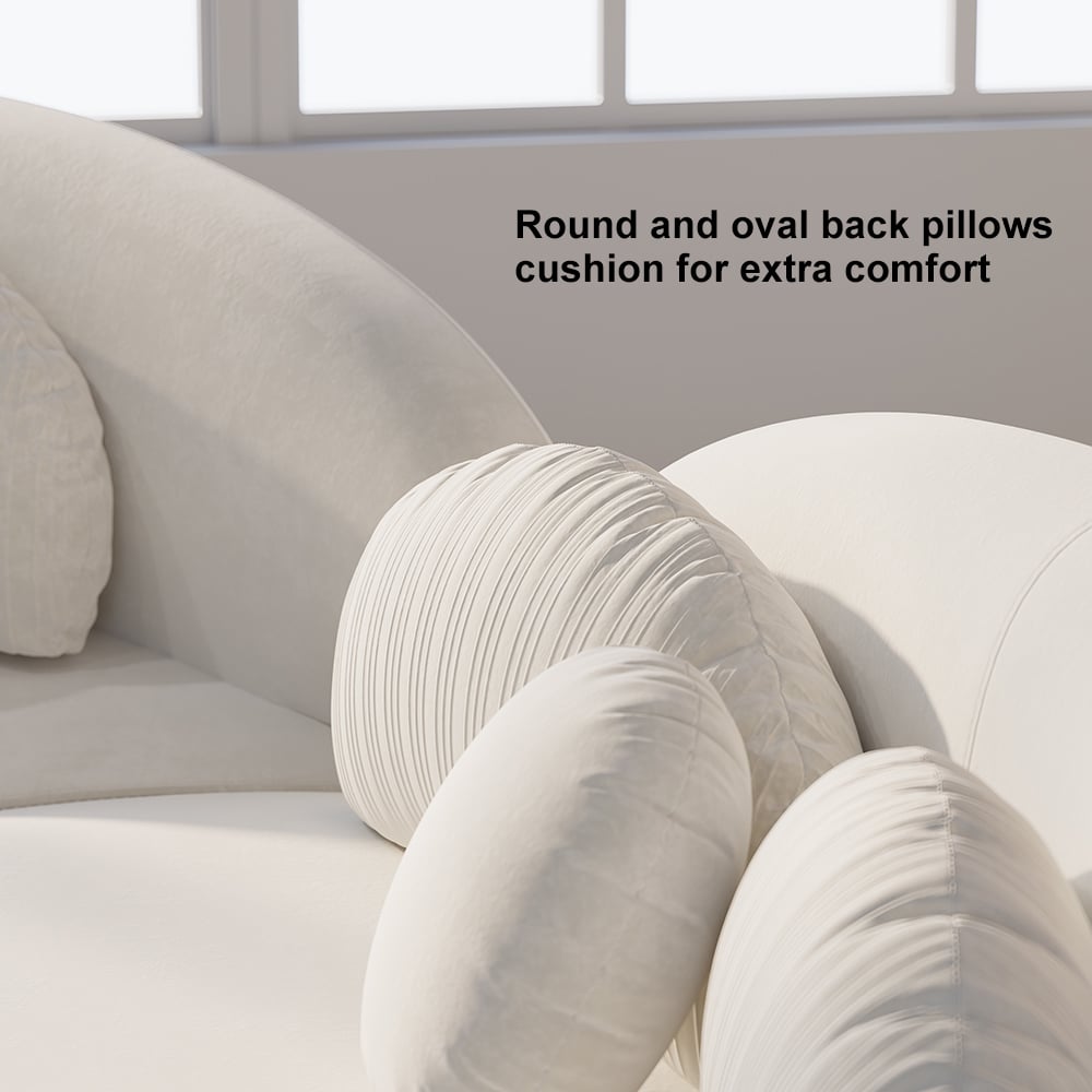 Round and oval back pillows on a sofa with text overlay