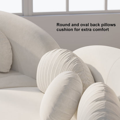 Round and oval back pillows on a sofa with text overlay